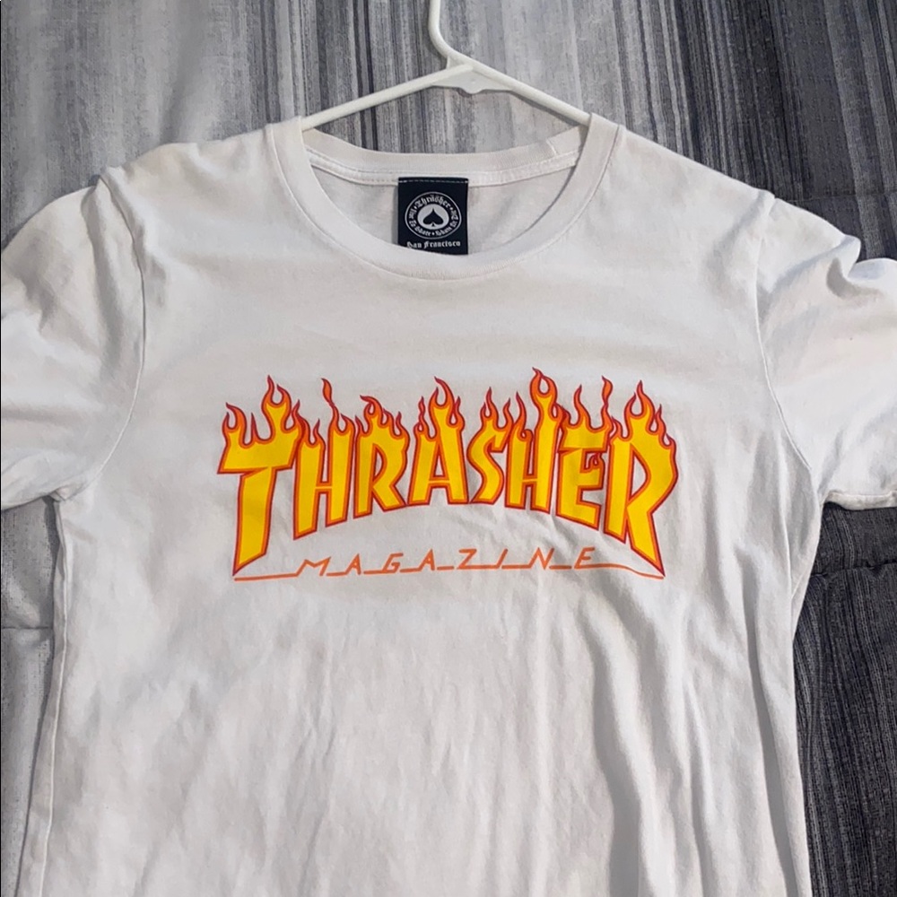 Thrasher White Tee with Fiery Logo